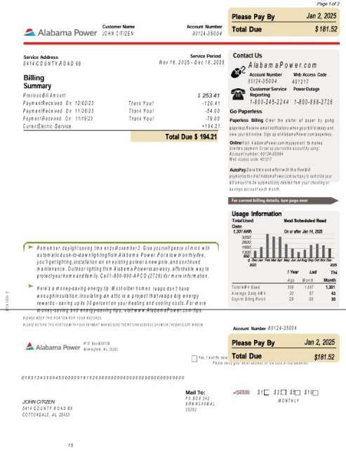  USA Alabama power utility bill